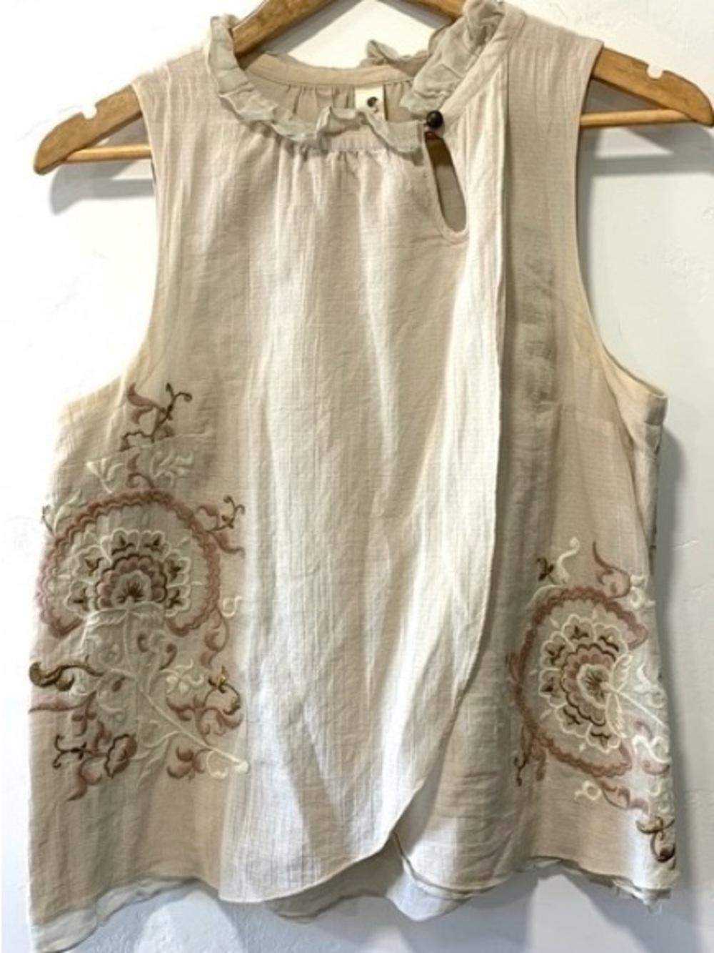 Floreat Sleeveless Cream Embroidered Ruffle Neck Top from Anthropologie